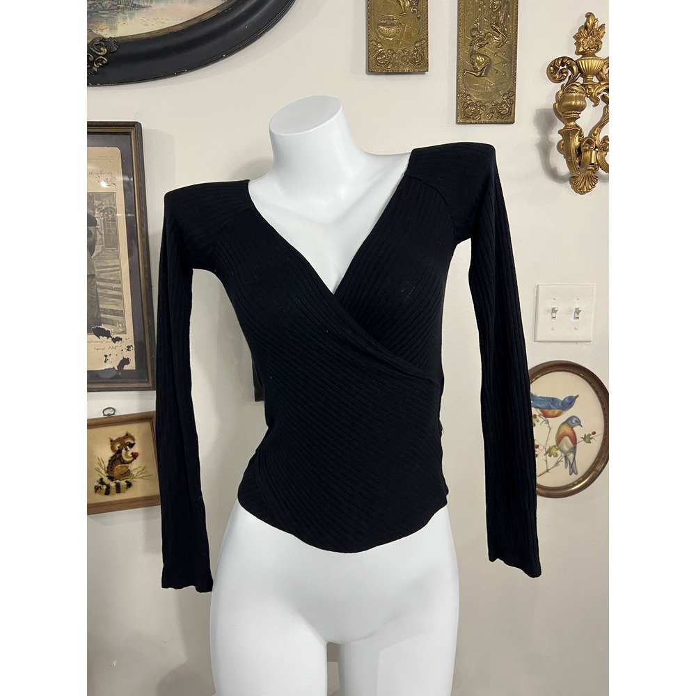 Reformation Black Ribbed Tencel Modal Long Sleeve V-Neck Wrap Top Size Small